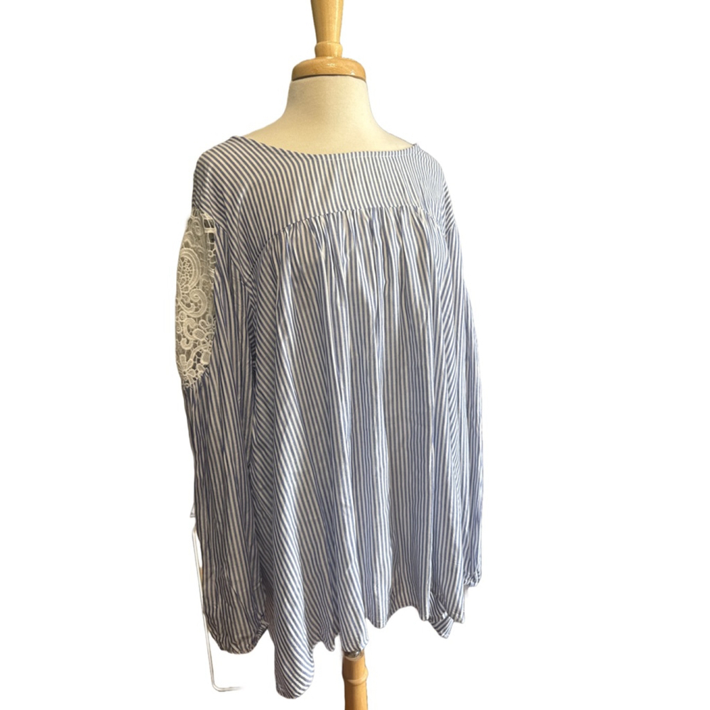Women's Lane Bryant Blouse Size 22/24 Blue Striped Lace Insert Top NEW